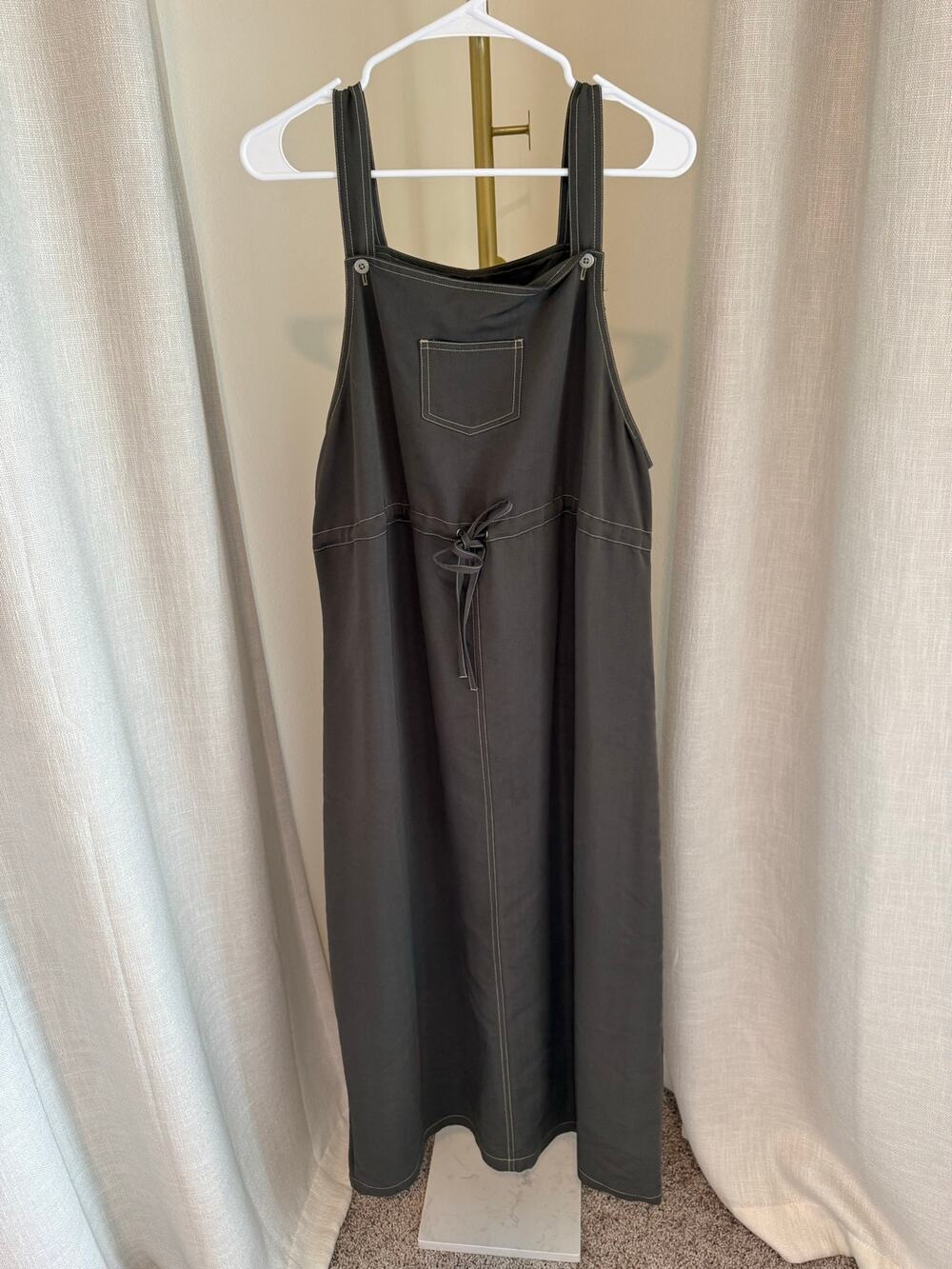 Pellini Overall Maxi Dress Womens Large Gray Patch Pocket Tie Front Wide Straps